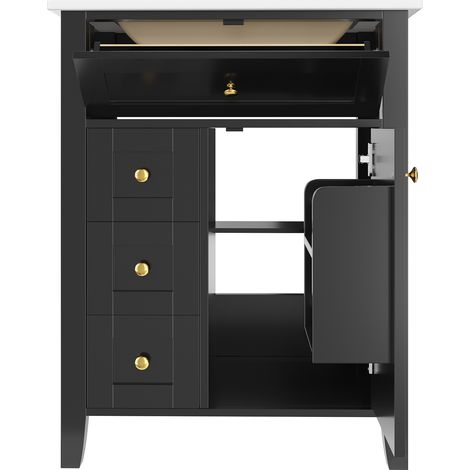 Mueble de baño 61 cm negro brillo con lavabo de cerámica y 4 cajones (1/5)