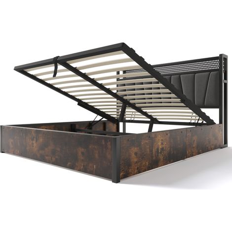 Doppelbett 180 x 200 cm Grau mit RGBW-LED, USB, Steckdosen und gepolstertem Kopfteil HOMVRA (1/5)