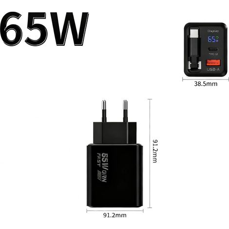 Chargeur USB-C à affichage numérique de 65 W, avec câble rétractable, chargeur au gallium nitrure, tête de charge (noire) (1/5)