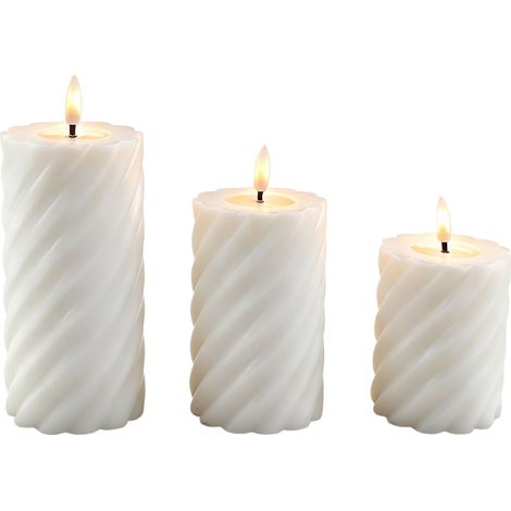 Relaxdays Candele LED, set 3 pz, 3 misure, fiamma tremolante, in vera cera, design a spirale, senza fiamma, bianche