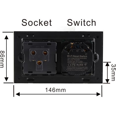Enchufe doble inteligente con Wi-Fi, control por voz y aplicación: interruptor inteligente 2 en 1 (ABS/cristal templado, 146 x 86 mm) para Alexa y Home Assistant.