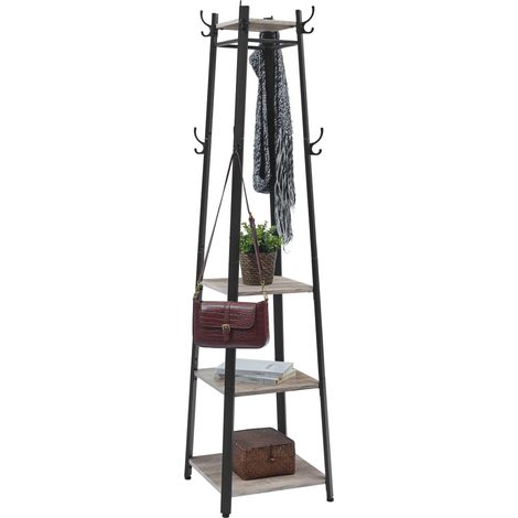 Porte-manteau sur Pieds, Vestiaire Entrée, avec 8 Doubles Crochets, 4 Étagères, Tringles, Cadre en Métal, pour Manteaux, Sacs, pour Entrée, Chambre, Grège et Noir LCR080B02