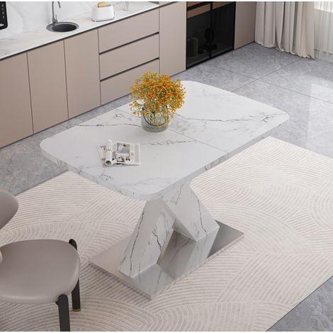 Table à manger extensible en MDF blanc effet marbre 120-160 cm rectangulaire avec base en acier (1/5)