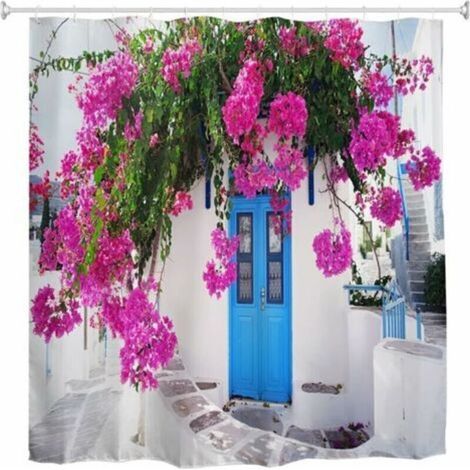 Bleu/blanc 180 x 180 cm，Rideau de douche 3D anti-moisissure imperméable pour salle de bain Motif fleurs grecques traditionnelles