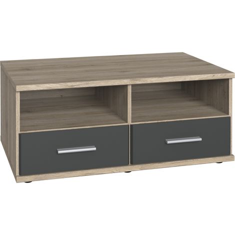Meuble TV bas coloris Imitation chêne San Remo, rechampis graphite - Longueur 92 x Hauteur 38 x Profondeur 58 cm -PEGANE-