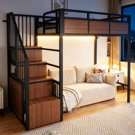 Cama alta 90/200 cm negra con escalera con almacenaje reversible y LED, estructura de metal y madera (1/5)
