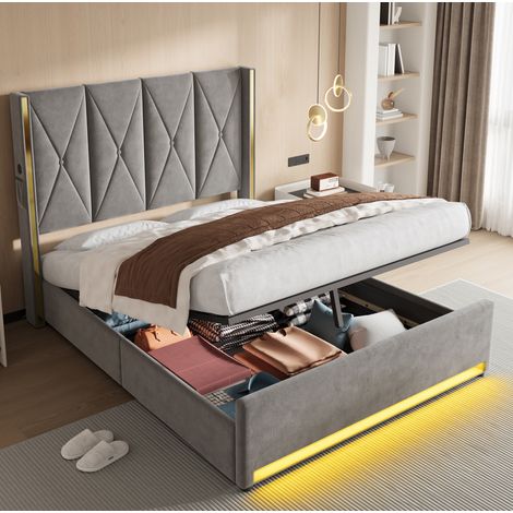Letto contenitore moderno in velluto grigio scuro 160x200 cm con testiera alta trapuntata, USB-C, LED e rete sollevabile