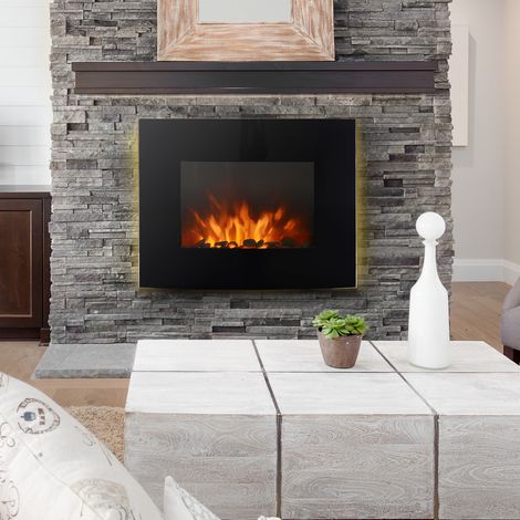 Caminetto elettrico a parete con illuminazione LED laterale, design d'avanguardia, display a LED con telecomando e timer, 900/1800W, luminosità regolabile, nero. (1/5)