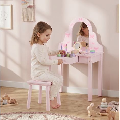 Tocador infantil 2 en 1 con taburete, espejo extraíble y cajón, rosa OKMYHOME (1/5)