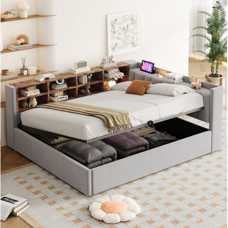 Letto contenitore 140x200 cm in velluto grigio chiaro, con vani portaoggetti FloraGrace (1/5)
