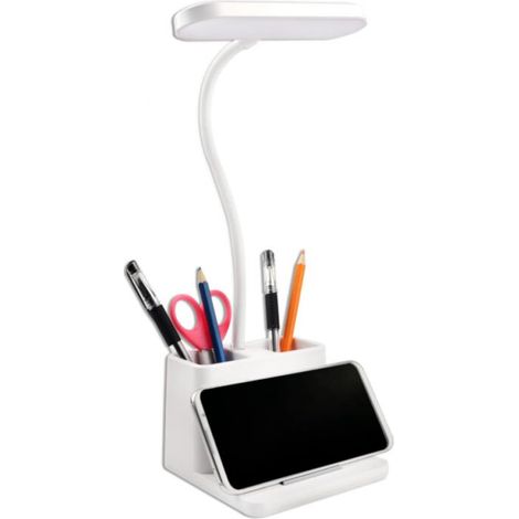 Lampe de Bureau LED 5W, 3 Modes d’éclairage et 3 Luminosité Réglable, USB Lampe de Bureau pour Enfants Rechargeable, Col de Cygne Flexible, Avec Porte Stylo et Support pour Téléphone Portable, Blanc (1/5)