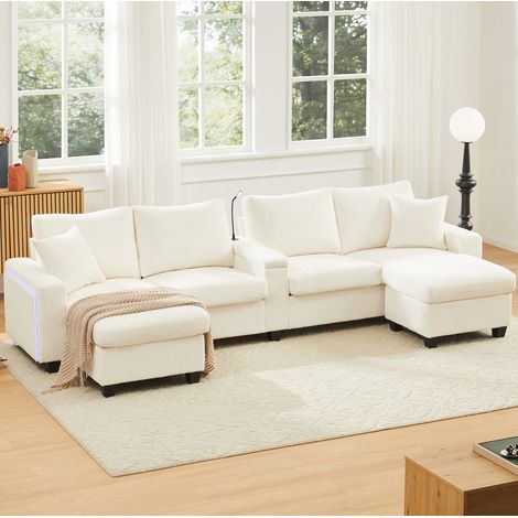 Sofá en U 334x128,5x81 cm de pana beige con USB y LED, para salón – MEUBLIV (1/5)