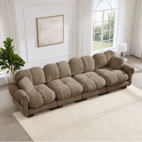 Divano modulare 330x86x90 cm, seduta trapuntata, cuscini spessi, schienale e braccioli curvi, chenille marrone (1/5)
