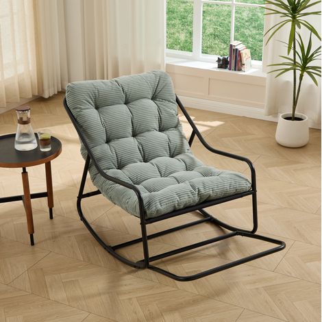 Fauteuil à bascule 116x75x82 cm acier noir, coussin vert clair réglable, pour extérieur – MEUBLIV (1/5)