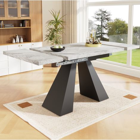 Mesa de comedor extensible 99/159 x 74 cm, efecto mármol gris y patas de metal negro (1/5)