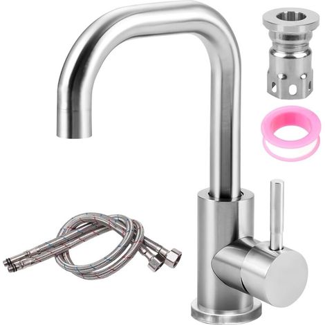 Robinet mitigeur de lavabo en acier inoxydable – pivotant à 360° – eau chaude et froide – pour salle de bain, WC, lavabo et cuisine – finition brossée