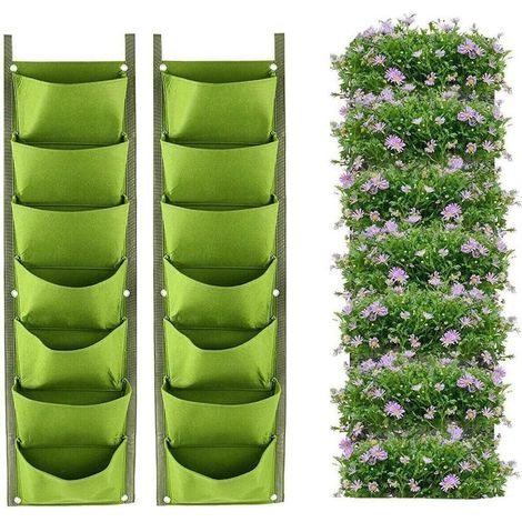 Sacs de jardinière Suspendus, Paquet de 2 Jardinière Murale Verticale Suspendue à 7 Poches Plantation de Sacs de Culture Jardinage intérieur extérieur Pot de Fleurs Vert Vertical (Vert) (1/5)