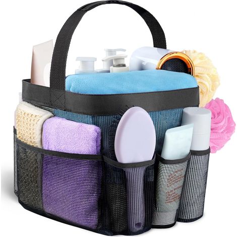 Organizador de ducha portátil de malla para dormitorios universitarios con 8 bolsillos, cesta colgante para dormitorio, bolsa de ducha de secado rápido para baño. (1/5)