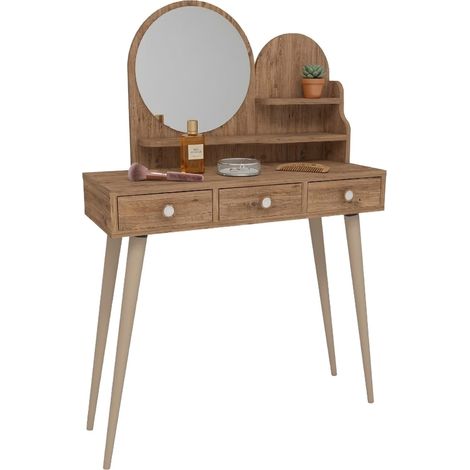 Frisiertisch Larino, Schminktisch mit Spiegel, 3 Schubladen, Braun, 74x35x131h cm, Eichenoptik