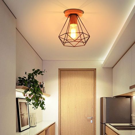 Rétro Diamant Plafonnier Industrielle Cage en Métal et Bois E27 40W Noir (1/5)