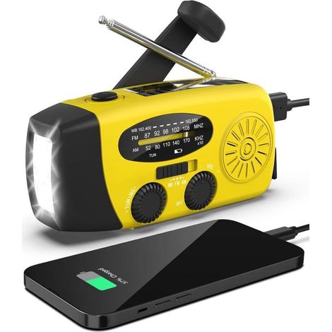 Emergency solar-powered weather radio, earthquake-resistant kit, hand crank, self-powered, AM/FM/WB, hand crank survival radio, LED flashlight, 2000 mAh power bank for iPhones and smartphones (yellow) (1/5)