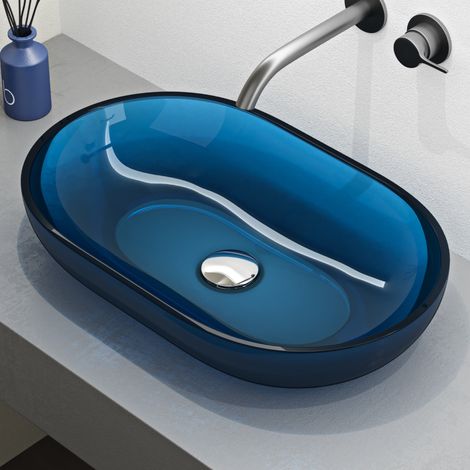 Mai & Mai Vasque à Poser Ovale Bleu Lavabo de Résine Transparente Évier Salle de Bain Lave Mains sans Trop-Plein 54x34x10,5cm Coloria03 (1/5)