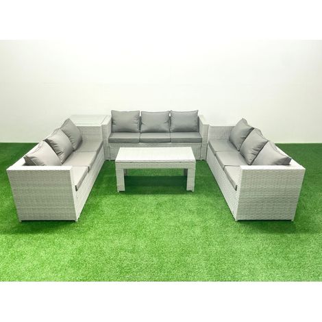 Fimous Gartenmöbel im Freien Polyrattan 9-Sitzer Garten Sofa Rechteckiger Couchtisch Set mit Beistelltisch Hellgrau gemischt (1/5)