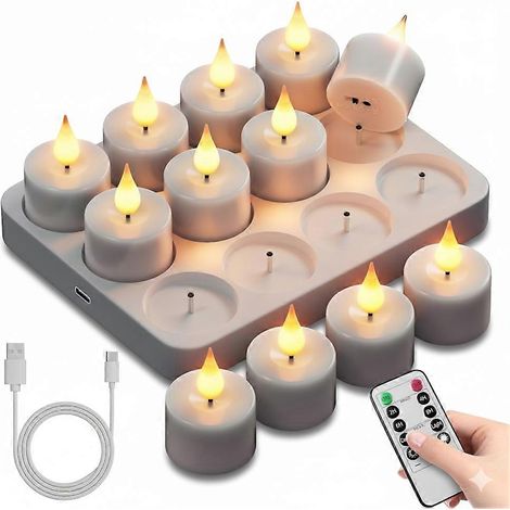 Flammenlose, wiederaufladbare Teelichter: Set mit 12 batteriebetriebenen LED-Teelichtern mit Flackereffekt (1/5)