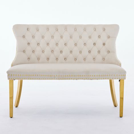 Canapé 2 places velours beige, banquette capitonnée à boutons main, dossier aileron, pieds acier doré, style moderne milieu du siècle, salle à manger, lot unique