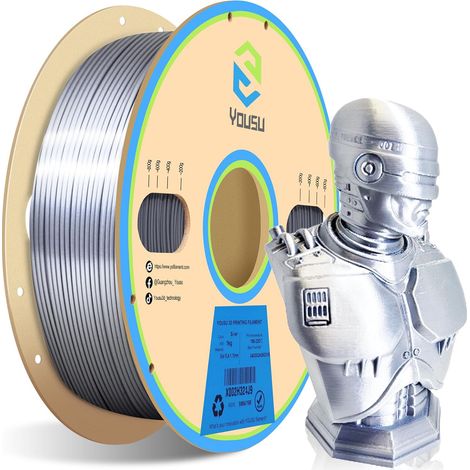 YOUSU PLA Filament Silk pour imprimante 3D Précision dimensionnelle de 1,75 mm +/- 0,03 mm Bobine de matériau d'impression Bonne adhérence pour la plupart des imprimantes FDM 1 kg (2,2 lb) - Argent (1/5)