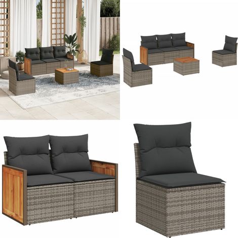 6-tlg. Garten-Sofagarnitur mit Kissen Grau Poly Rattan - Gartensortiment - Gartenmöbelset - Rattan Möbel - Outdoor Möbel - Lounge Set - Home & Living (1/5)