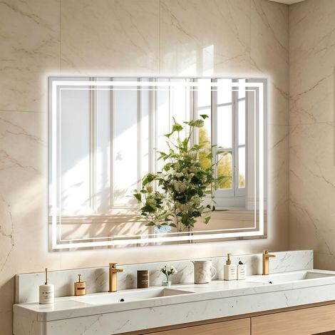 Miroir de Salle de Bain avec Éclairage 100x60 cm, Interrupteur Tactile, Fonction Anti-Buée, 3 Températures de Lumière Gradable, Double Anneau Lumineux (1/5)