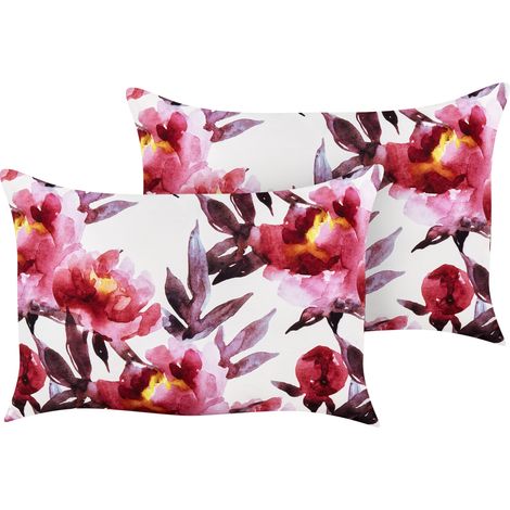 Conjunto de 2 cojines de jardín almohada de exterior 40 x 60 cm poliéster motivo floral blanco y rosa Lanrosso