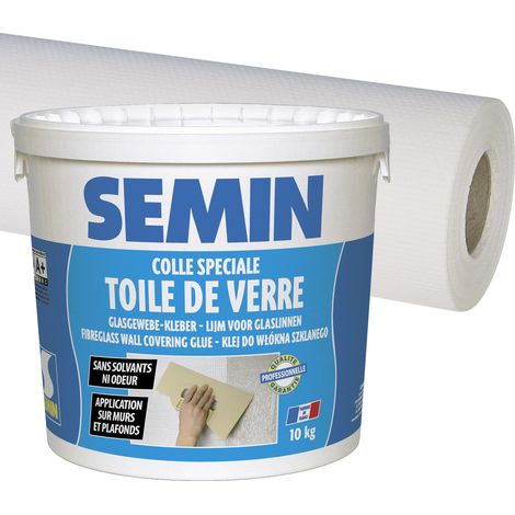 Semin – Colle pour toiles de verre et revêtements muraux légers – Seau 5 kg – Colle sans solvant pour locaux humides – Toile de verre 25 m x 1 m
