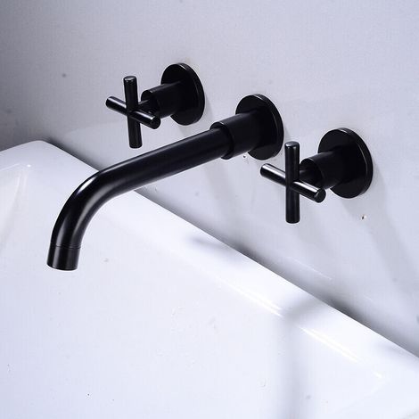 Miscelatore per lavabo, nero opaco, rubinetto da bagno a parete, doppia maniglia, miscelatore per lavabo in ottone con valvola di montaggio inclusa, AAFGVC (1/4)