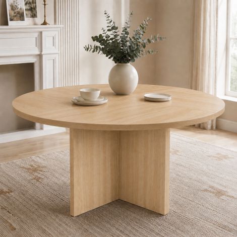 Table à manger ronde, 120 x 120 cm, convenant à 4-6 personnes, design classique, style minimaliste scandinave, couleur chêne. (1/5)