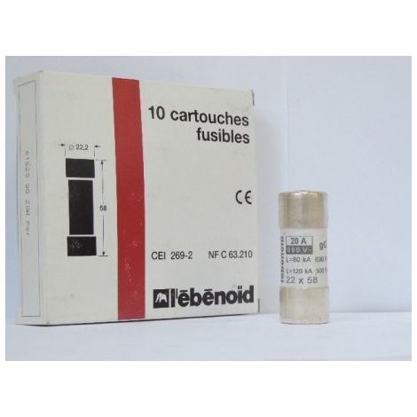 Fusible 20A cartouche 22X58mm gG usage industriel (boite de 10) HPC 120kA 660V avec voyant et percuteur EBENOID 061620 (1/2)