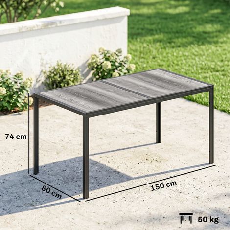 Table de jardin avec plateau en bois (4-6 places), en acier et plastique PSPC, 150x80x74cm, gris et noir. (1/5)