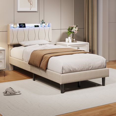 Lit simple rembourré 90x200 cm Beige, Tête de lit avec éclairage LED et port USB, Style scandinave, Sommier à lattes inclus, Structure robuste, Montage facile (1/5)