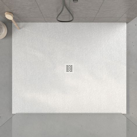 Extra flache Duschwanne CENTRO Schieferoptik WEIß 110x150 cm Auslaufschutz in Farbe (1/4)