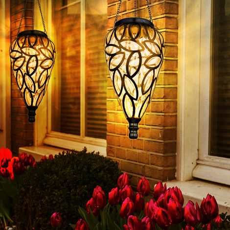 Solarlampe Gartendeko Hängeleuchte Außenlampe hängend LED Solarleuchte, im Tropfen Design, Metall schwarz, Kunststoff klar, 16x LED, DxH 13,5x 50 cm, 2er Set