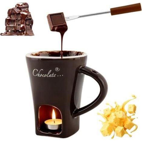 Tasse à fondue au chocolat, tasse à fondue au chocolat, tasse à fondue au fromage, tasse à fondue sucrée en céramique avec fourchette, adaptée au fromage et aux bonbons (marron) (1/5)