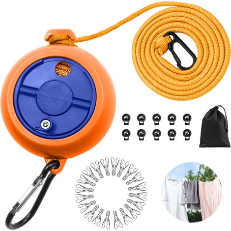 Corde a Linge Retractable 10m, Fil a Linge Extérieur Retractable, Portable Corde à Linge Voyage avec 10 Boucles Fixes et 20 Pinces Coupe‑Vent pour Camping, Salle de bain, Jardin, Hôtel, Orange (1/5)
