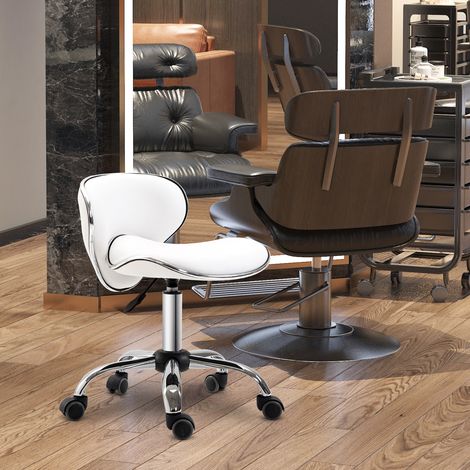 Rollbarer Arbeitshocker mit verstellbarer Höhe (44–56 cm) und Rückenlehne, 360° drehbar, weiß