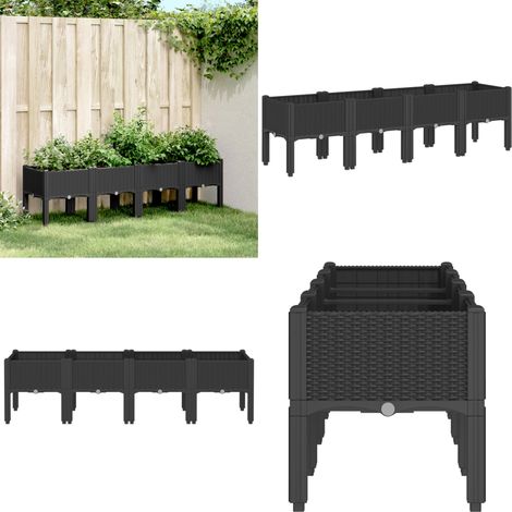 Pflanzkasten mit Beinen Schwarz 160x40x42 cm PP - Blumentopf - Pflanzkübel - Gartentöpfen - Rattan Optik - Balkonpflanze - Home & Living (1/5)