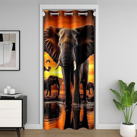 Rideau de Porte Éléphant Animal Rideau Occultant 86x203 Éléphants Africains Imprimer Rideaux Porte Safari Sauvage Thème Rideaux de Placard Paysage Naturel Esthétique - 86L X 203H cm (1 Panneaux) (1/5)