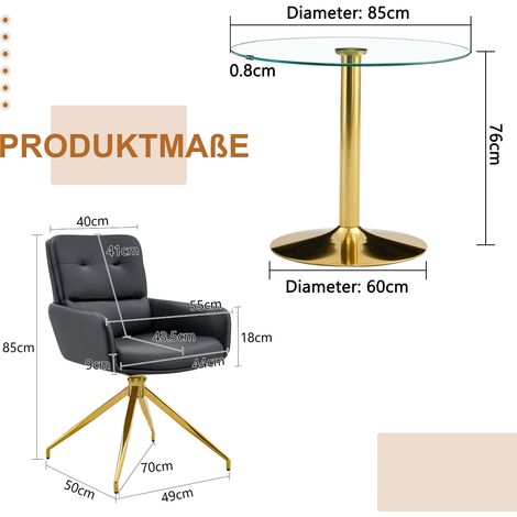Ensemble table et 2 chaises salle à manger : table ronde verre trempé 85 cm base métal doré, 2 fauteuils PU noir or pivotants 360° (1/5)