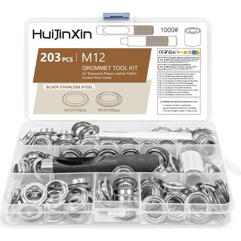Lot de 203 œillets de 12 mm pour bâches, œillets, rondelles et pinces à œillets, œillets en métal pour tissu, pince à œillets pour bâches en cuir, bâche de piscine, auvents (avec 3 outils) (1/5)