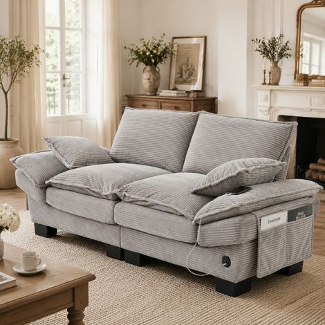 Modulares Cordsofa 2-Sitzer mit USB-C Anschluss & Seitentaschen, 190x73x84 cm, Ergonomisches Zweisitzer Sofa Hellgrau für Wohnzimmer (1/5)
