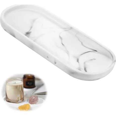 Plateau ovale 25 x 11 cm - Plateau décoratif en marbre - Coupe à bijoux - Plateau de salle de bain - Vide-poches - Plateau à bougies - Bijoux - Shampoing - Serviettes - Cosmétiques
